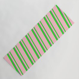 [ Thumbnail: Pink, Lime & Grey Colored Lined Pattern Yoga Mat ]