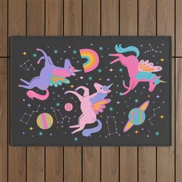 Space Unicorns - Neon Rainbow on Black Outdoor Rug