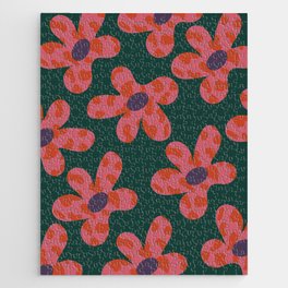 Cute Retro Daisy Floral Green Pink Pattern Jigsaw Puzzle