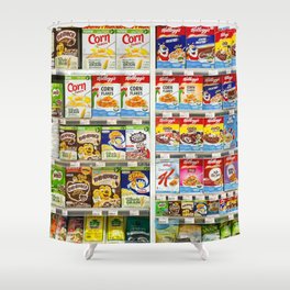 Cereal or cornflakes on shelf in supermarket. Shower Curtain
