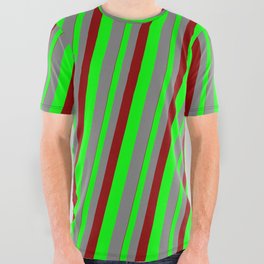 [ Thumbnail: Dark Red, Lime, and Gray Colored Stripes Pattern All Over Graphic Tee ]