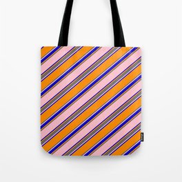 [ Thumbnail: Pink, Blue, Dark Orange, and Dim Gray Colored Pattern of Stripes Tote Bag ]