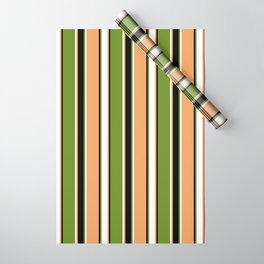 [ Thumbnail: Brown, White, Green, and Black Colored Striped/Lined Pattern Wrapping Paper ]