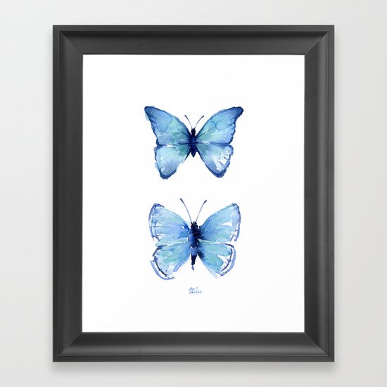 Two Blue Butterflies Watercolor Animals Insects Framed Art Print