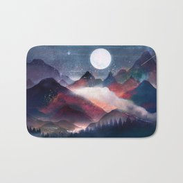 Mountain Lake Under the Stars Bath Mat | Painting, Moon, Pine, Blue, Curated, Reflection, Abstract, Illustration, Adventure, Forest 