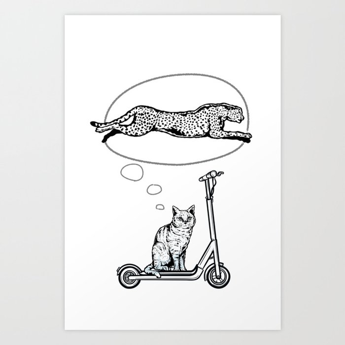 Dreamy cat on a scooter Art Print