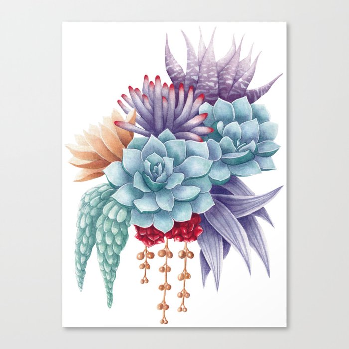 whimsical succulents in tropical watercolors Canvas Print