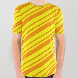 [ Thumbnail: Dark Orange and Yellow Colored Lined/Striped Pattern All Over Graphic Tee ]