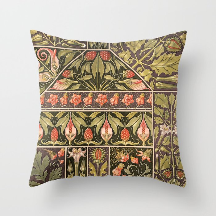 Vintage Floral Leaf Red and Green Motif Throw Pillow