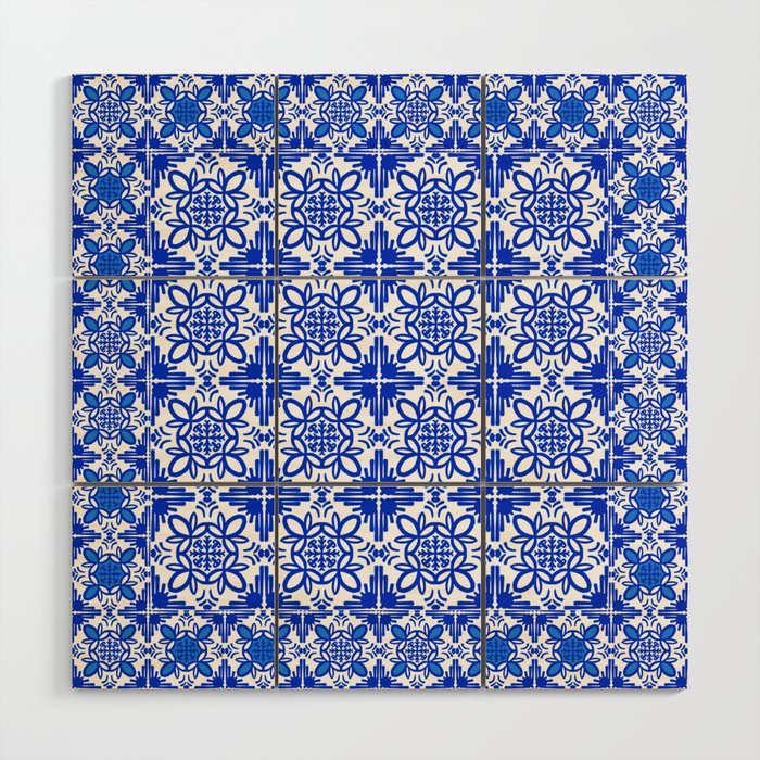 Cheerful Retro Modern Kitchen Tile Layered Pattern Delft Blue Wood Wall Art