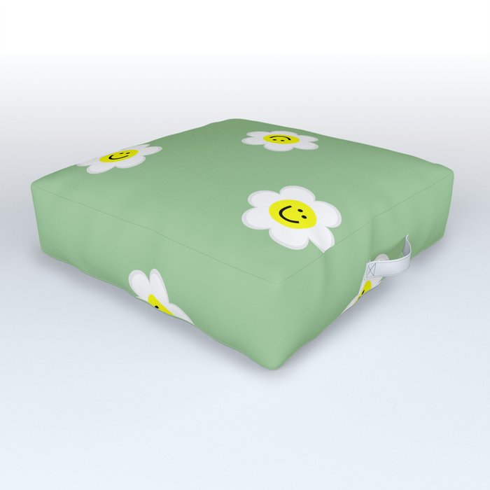Happy White Daisies Sage Green Outdoor Floor Cushion