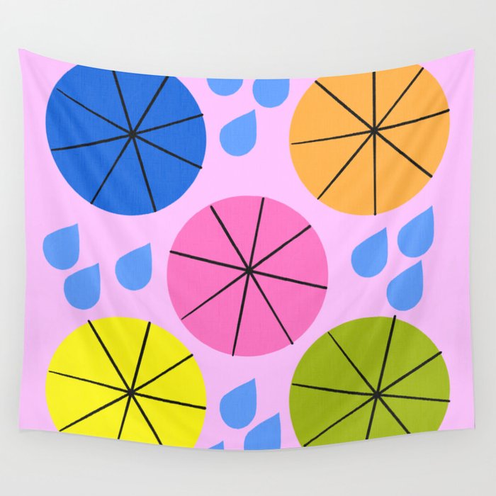 Mid-Century Modern Spring Rainy Day Pink Wall Tapestry
