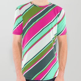[ Thumbnail: Vibrant Deep Pink, Mint Cream, Dark Slate Gray, Aquamarine, and Green Colored Lines/Stripes Pattern All Over Graphic Tee ]