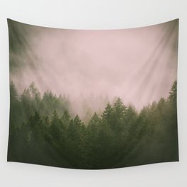 Home Is A Feeling - Pink Pastel Foggy Trees Wall Tapestry