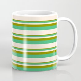 [ Thumbnail: Green, Sea Green, and Beige Colored Lined Pattern Coffee Mug ]
