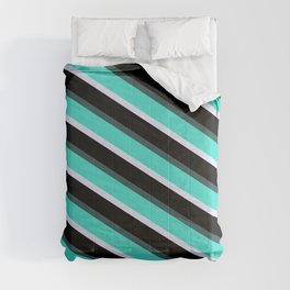 [ Thumbnail: Dark Slate Gray, Turquoise, Lavender, and Black Colored Lined Pattern Comforter ]