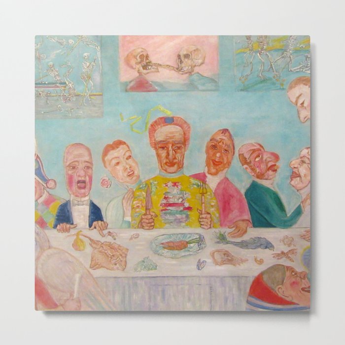 Banquet of the Starved, comical repast the last supper with skeleton portraits grotesque art portrait painting by James Ensor Metal Print