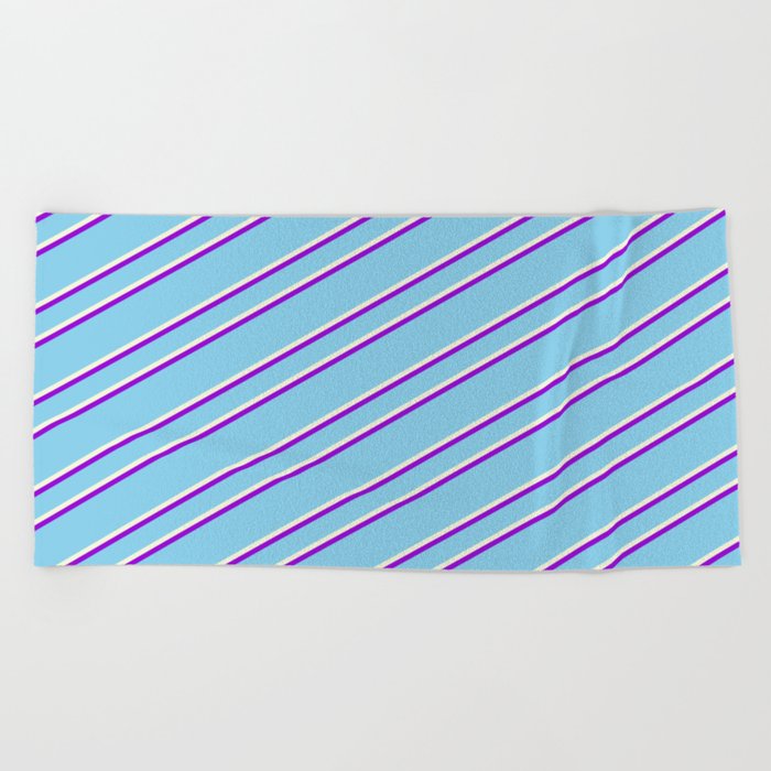 Sky Blue, Beige, and Dark Violet Colored Pattern of Stripes Beach Towel