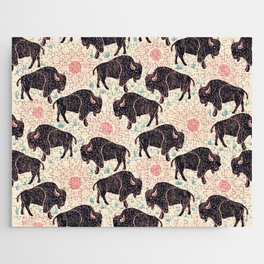Bison - black, pink, teal, on cream Jigsaw Puzzle