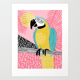 Holy Moly - memphis throwback retro neon bird macaw tropical island pop art bird watching 1980s Art Print
