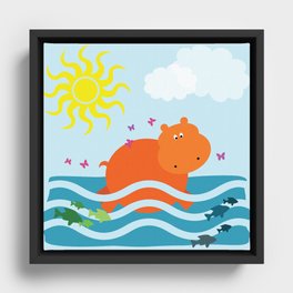 Happy Swimming Hippo Framed Canvas