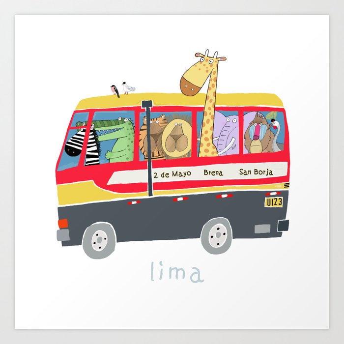 Lima, Peru City Bus With Jungle Animals By Artist Carla Daly Art Print