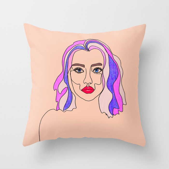 Pink is my favourite colour - single line drawn portrait with coloured pencils Throw Pillow