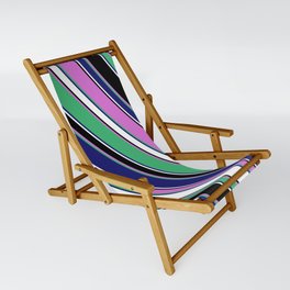 [ Thumbnail: Vibrant Orchid, Sea Green, Midnight Blue, White & Black Colored Lines Pattern Sling Chair ]