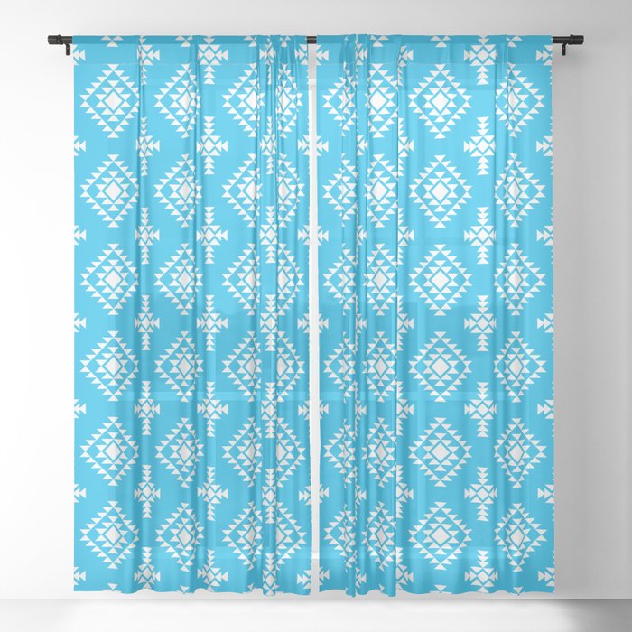 Turquoise and White Native American Tribal Pattern Sheer Curtain