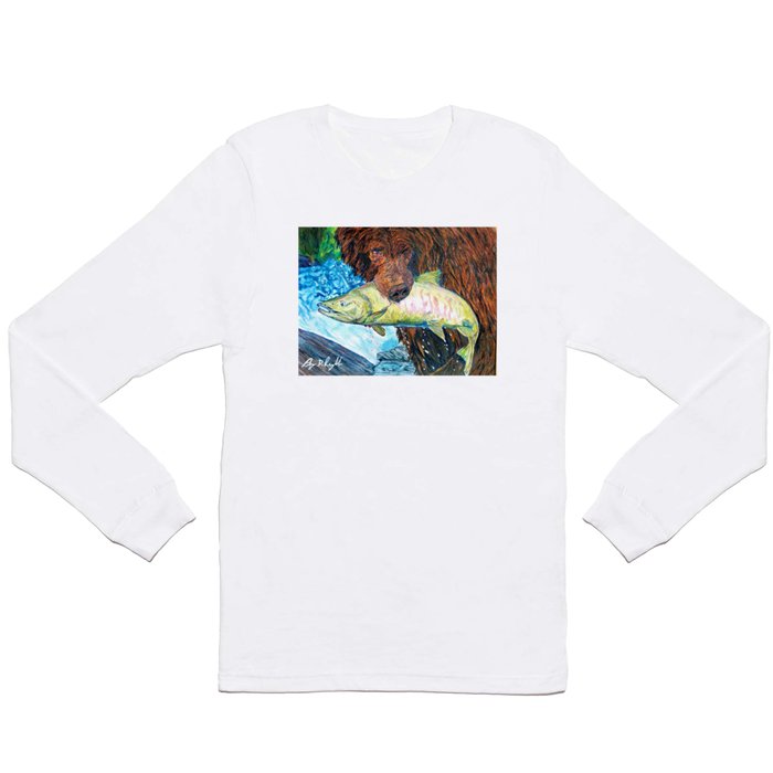 'Ol' Gus' - Grizzly Bear - Trout Fishing - Original Mountain Nature Drawing - by Bryn Reynolds Long Sleeve T Shirt