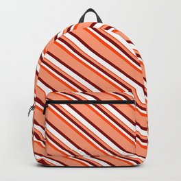 [ Thumbnail: Light Salmon, Maroon, White, and Red Colored Lined Pattern Backpack ]