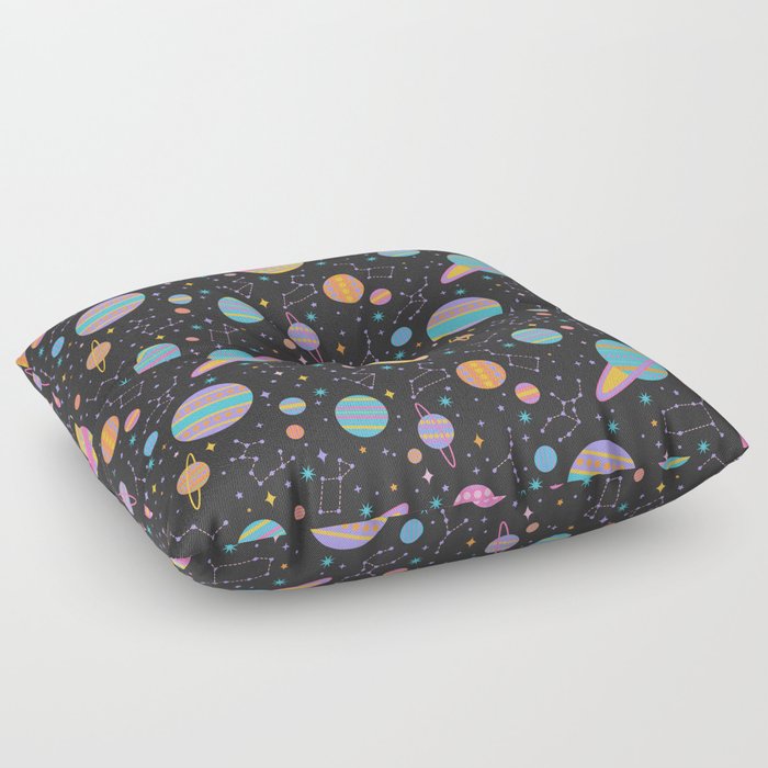 Neon Geometric Space on Black Floor Pillow