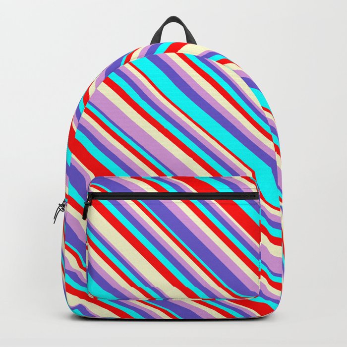 Eyecatching Light Yellow, Plum, Slate Blue, Aqua & Red Colored Stripes/Lines Pattern Backpack