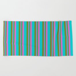 [ Thumbnail: Green, Dark Turquoise, and Orchid Colored Lined/Striped Pattern Beach Towel ]