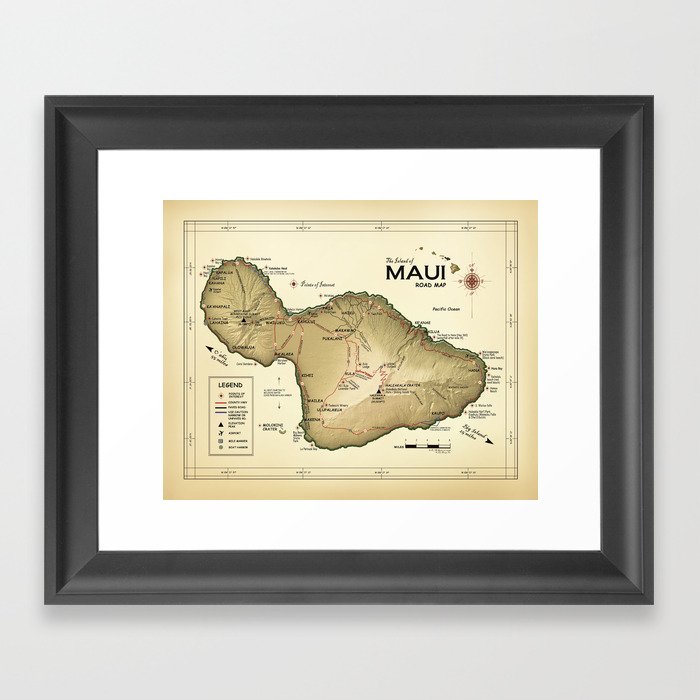 The Island of Maui [vintage inspired] Road map Framed Art Print