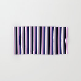 [ Thumbnail: Colorful Midnight Blue, Gray, Plum, White & Black Colored Lines/Stripes Pattern Hand & Bath Towel ]