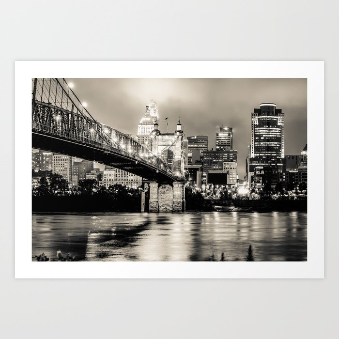 Cincinnati Ohio Skyline Cityscape Downtown Monochrome Art Print By Gregoryballosfineart Society6