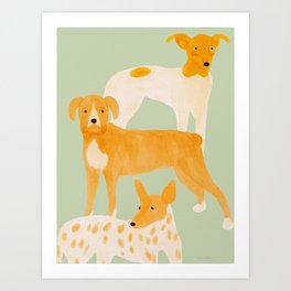 Three Dogs Lined Up - Yellow and Sage Art Print | Chill, Yellow, Ink, Animal, Sage, Chilling, Friendly, Drawing, Digital, Spotted 
