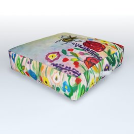 Summer meadow flowers and bees watercolor Outdoor Floor Cushion
