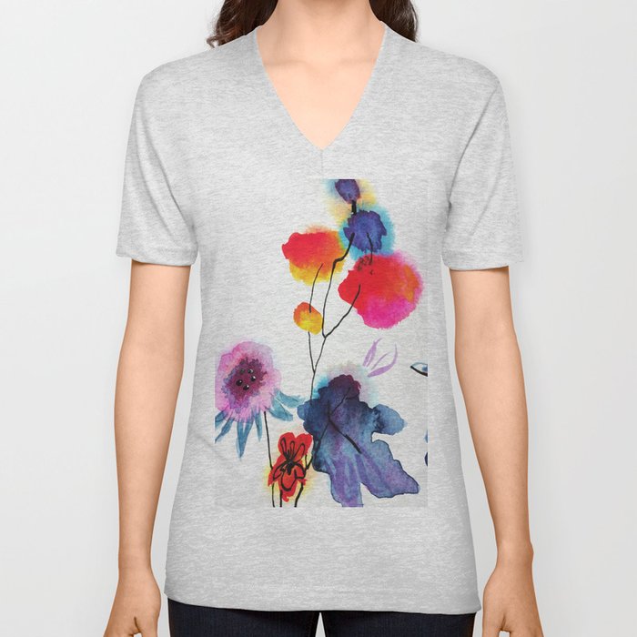 Watercolor Abstract Flower Print Unisex V Neck By Bypepperana