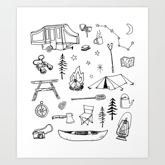 Tent View  Camping   Illustration  Art Print  3 Sizes