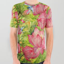 Floral Lotus Flowers Pattern with Dragonfly All Over Graphic Tee