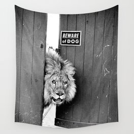 Beware of Dog black and white photograph of attack lion humorous black and white photography Wall Tapestry