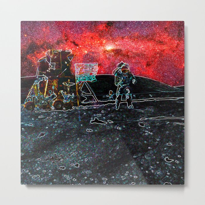 Trippy Moon Landing flag salute with red sky  Metal Print
