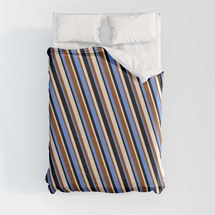 Brown, Cornflower Blue, Black, and Beige Colored Lines/Stripes Pattern Duvet Cover