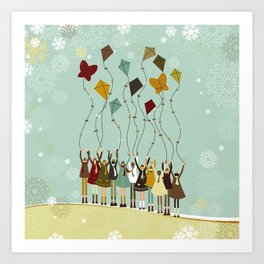 Children flying kites at christmas Art Print | Design, Joy, Winter, Boy, Community, Holidays, Happy, Children, Colorful, Multiethnic 