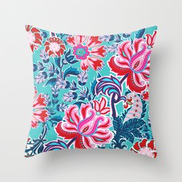 Bohemian Floral Paisley in Turquoise, Red and Pink Throw Pillow