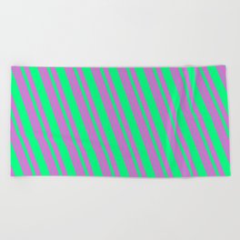 [ Thumbnail: Orchid & Green Colored Lined/Striped Pattern Beach Towel ]