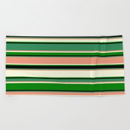 [ Thumbnail: Eye-catching Sea Green, Dark Salmon, Beige, Green, and Black Colored Lined Pattern Beach Towel ]