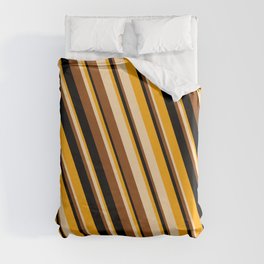 [ Thumbnail: Orange, Tan, Brown, and Black Colored Striped Pattern Duvet Cover ]